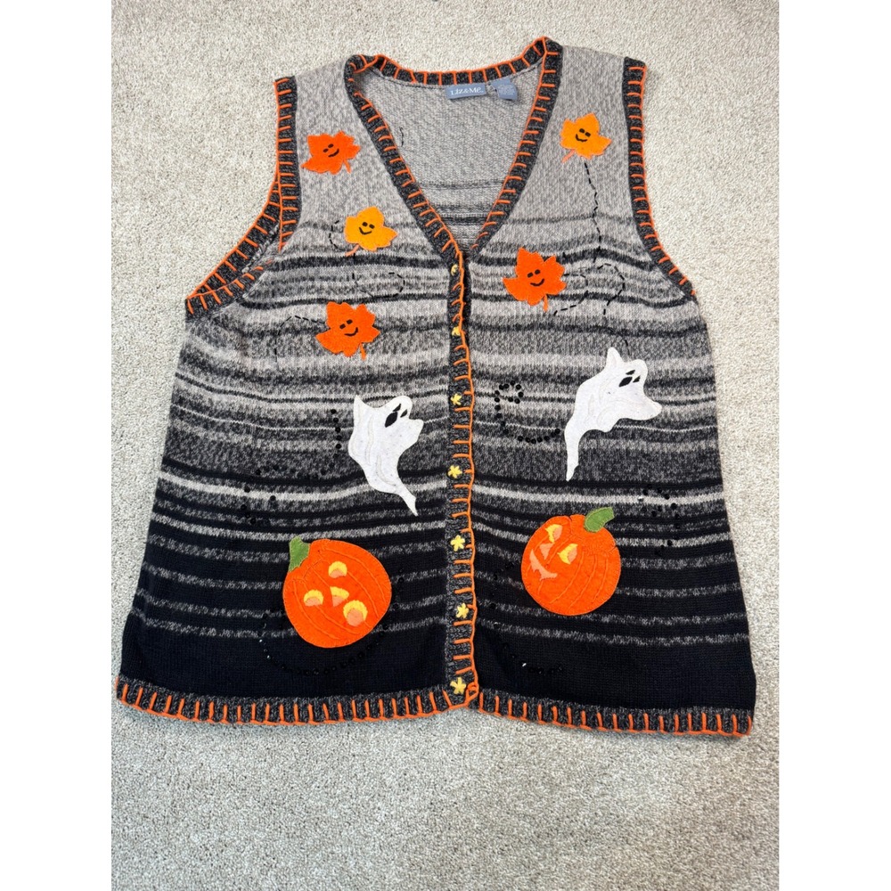 Liz & Me Halloween Sweater Vest Womens 3X Gray Stripe Ghost Pumpkin Sequin Knit